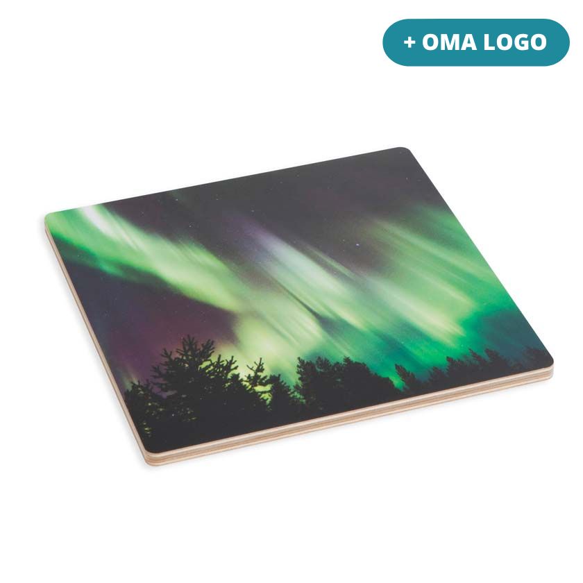 Liikelahja omalla logolla puinen pannunalunen Revontuli Miiko design suomi