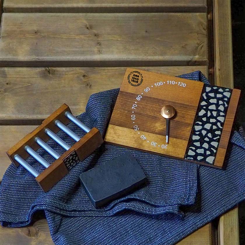 Kotimainen liikelahja omalla logolla Klapi löylymittari Pauliina Rundgren HandiCrafts suomalainen design