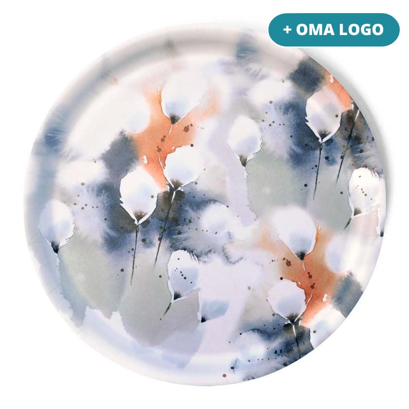 Kotimainen liikelahja logolla Tupasvilla tarjotin Ester Visual suomalainen design