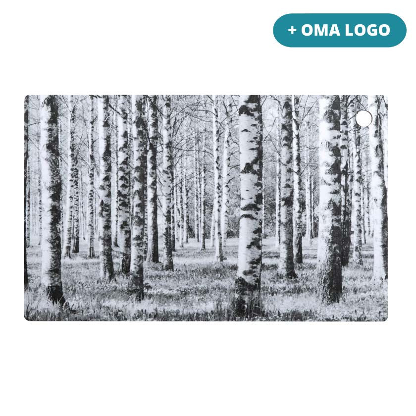 Liikelahja logolla mustavalkoinen Koivumetsä leikkuulauta Miiko design