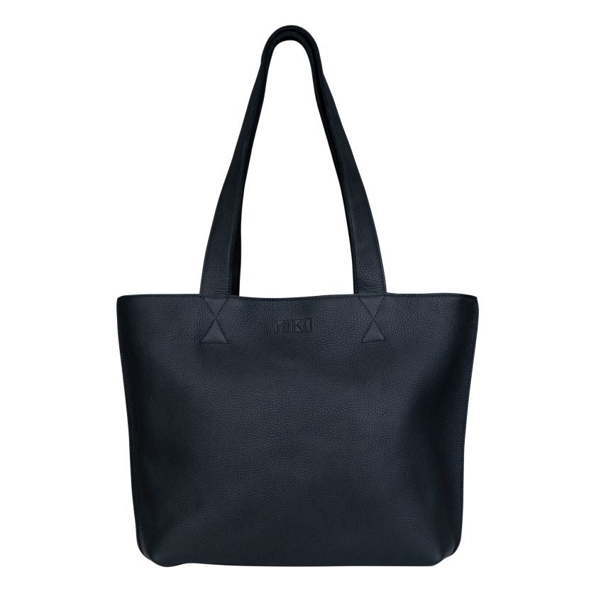 Schwarze Ledertasche für Alltag und Arbeit, hergestellt in Finnland aus Elchleder, Miiko Design, Skandinavischer Stil