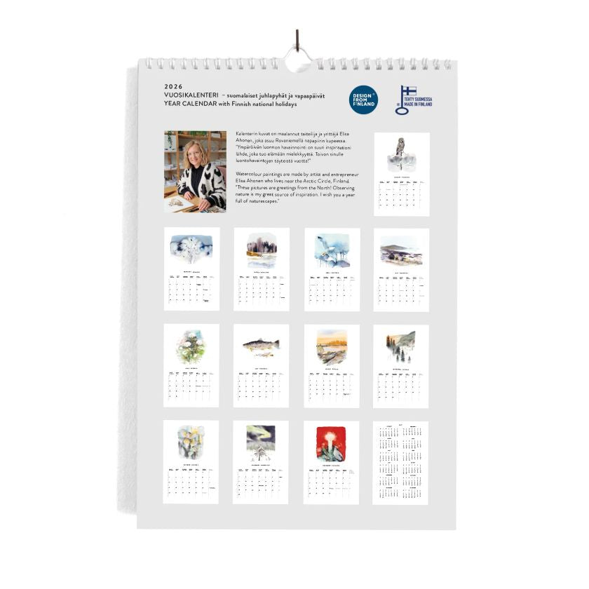 Wandkalender 2026 Northern Naturescapes Ester Visual, 12 Naturbilder aus Finnland mit Wasserfarben gemalt, The Finland Shop