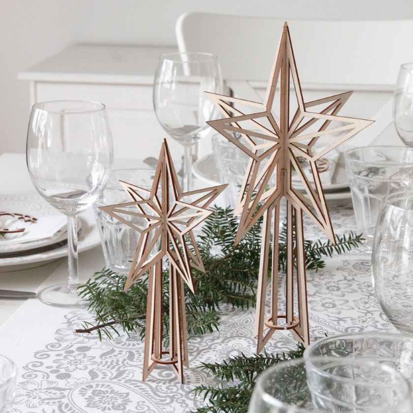 Puinen tähtikoriste kattauksiin ja asetelmiin, Koivukristalli latvatähti - Valona, kaksi eri kokoa