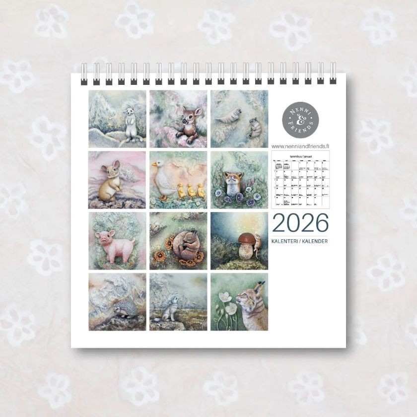 Wandkalender 2026 mit süßen Tierfiguren, 12 Bilder, hergestellt in Finnland, The Finland Shop