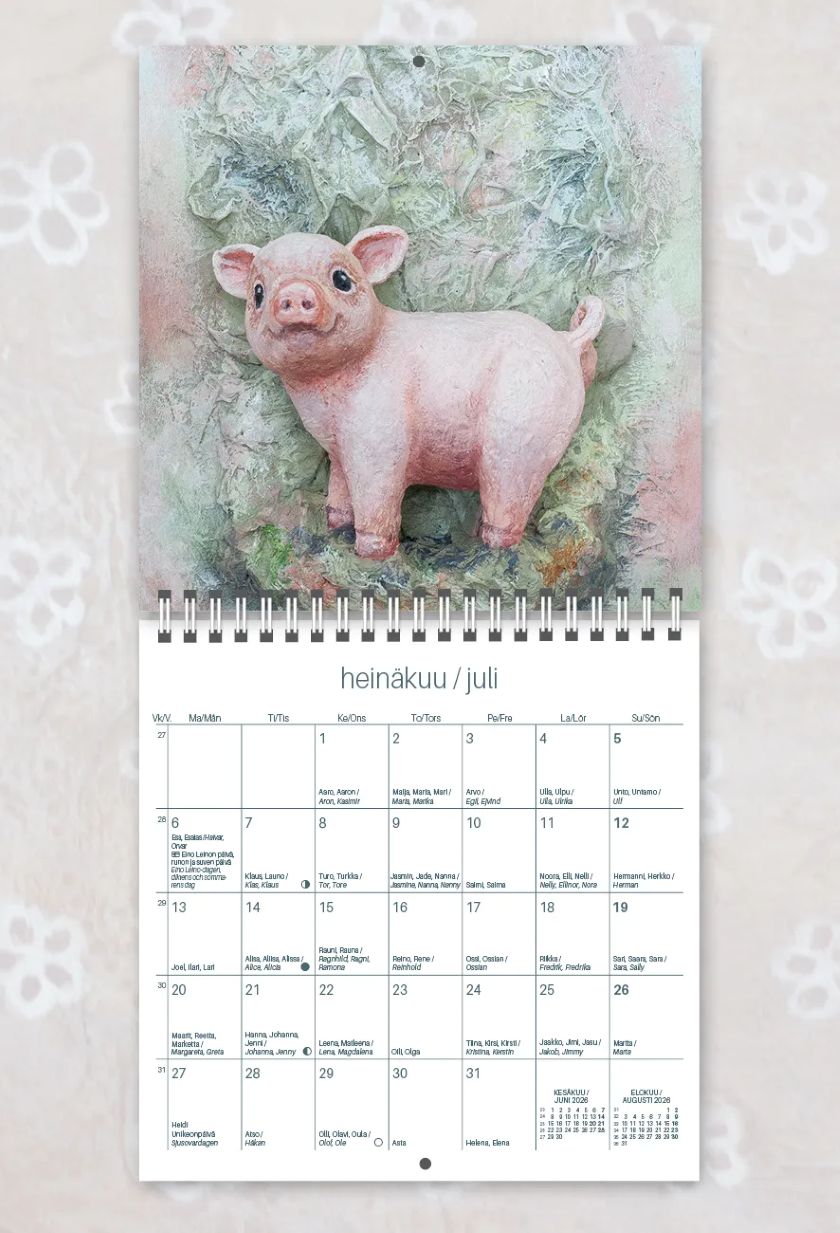 Wandkalender 2026 mit süßen Tierfiguren, 12 Bilder, hergestellt in Finnland, The Finland Shop