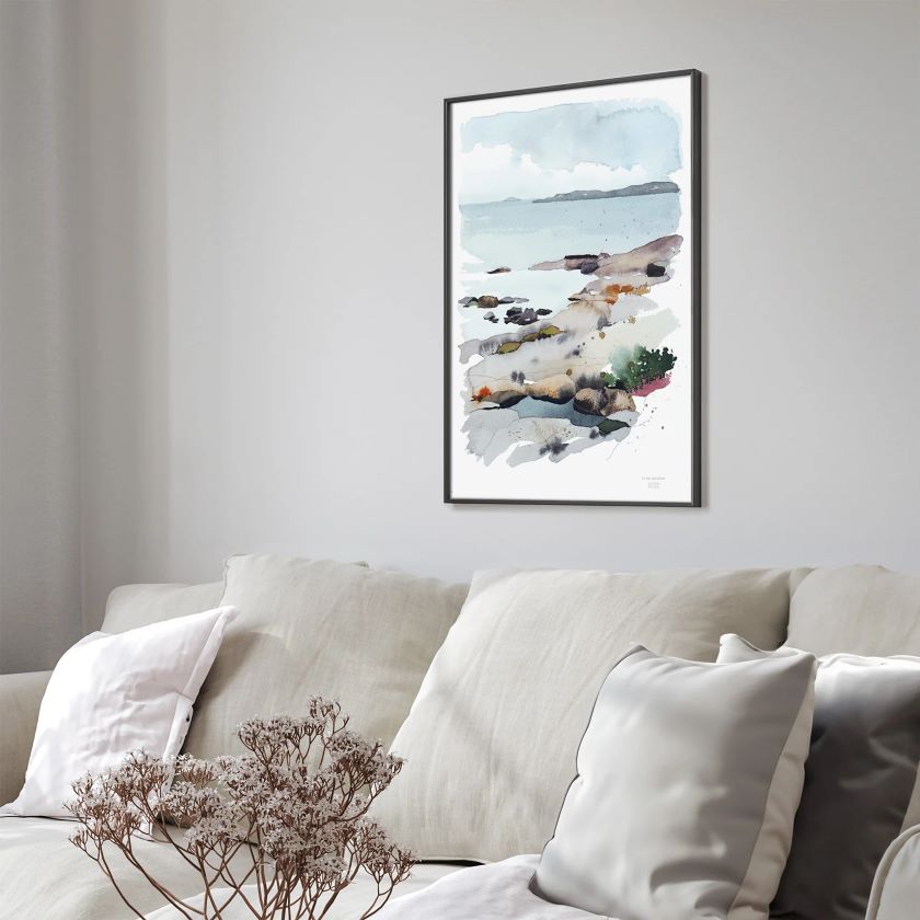 Vesivärimaalaus Rantakalliot juliste, Ester Visual akvarelli, pohjoisten maisemien kuvasarja