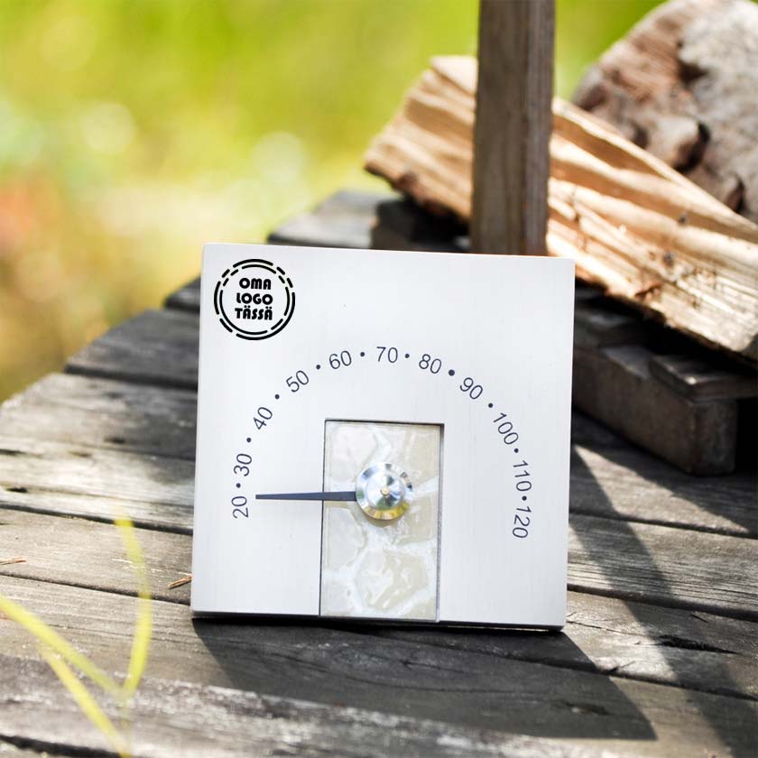 Kotimainen liikelahja Kivi saunamittari omalla logolla