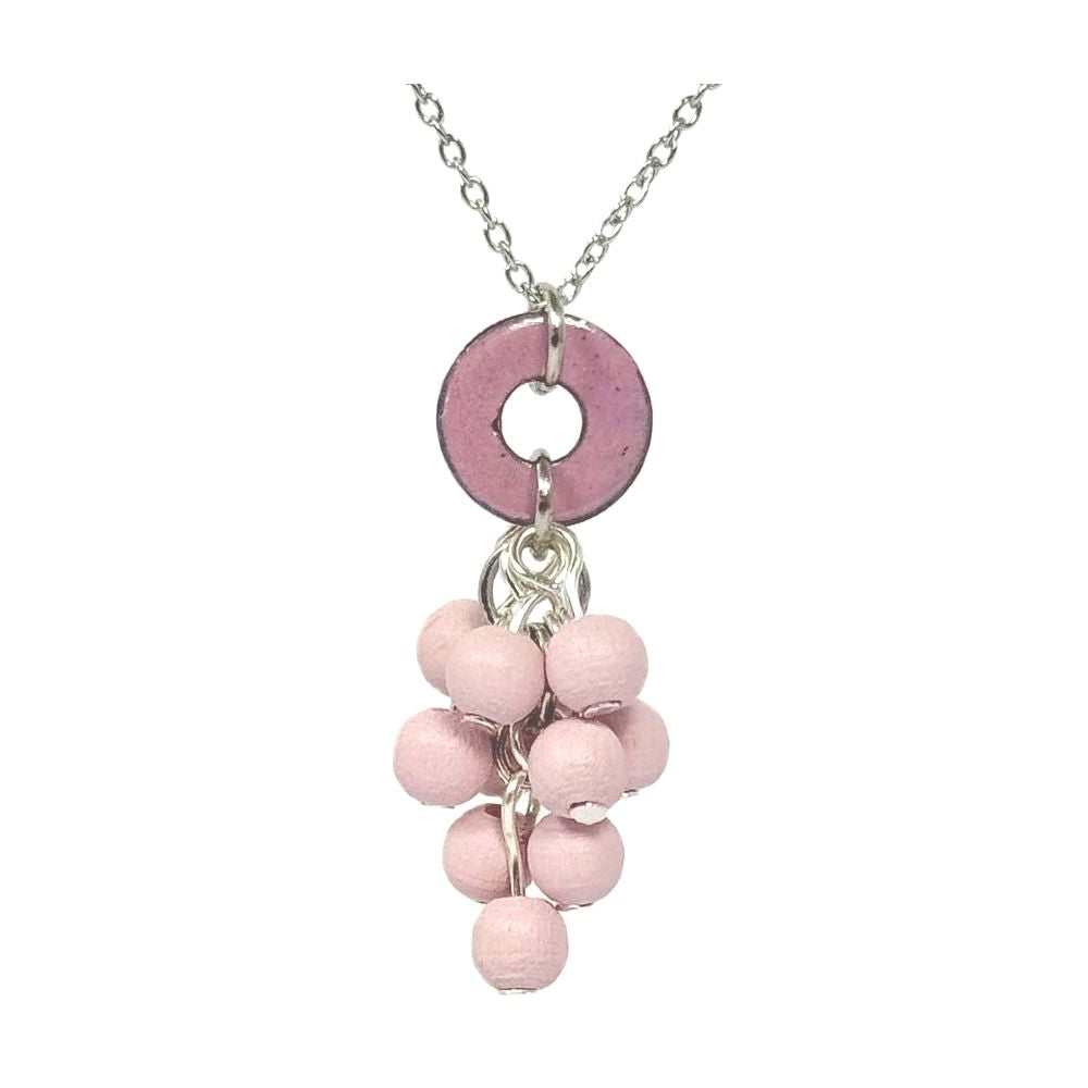 Mimosa Halskette, rosa mit Holzperlen, Sommerohrringe, Blumenohrringe hergestellt in Finnland, Pauliina Rundgren HandiCrafts, Gold