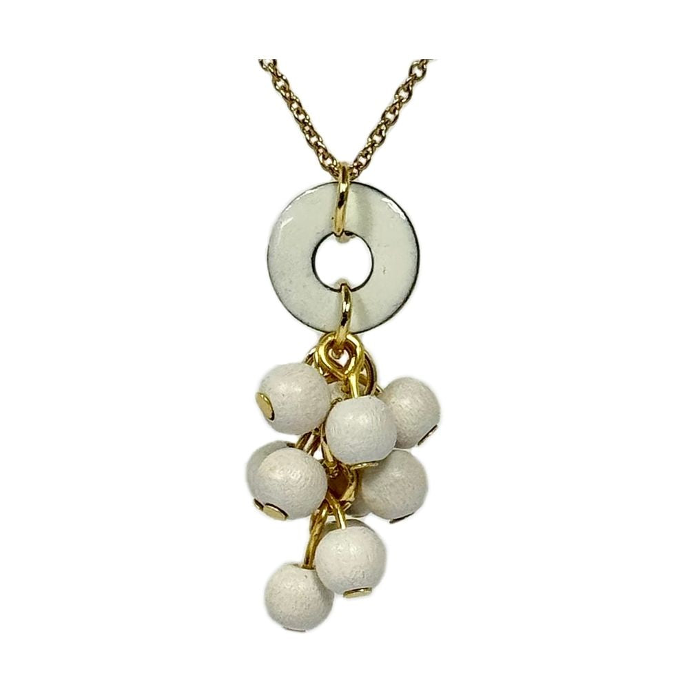 Mimosa Halskette, weiß mit Holzperlen, Sommerschmuck hergestellt in Finnland, Pauliina Rundgren HandiCrafts, Gold