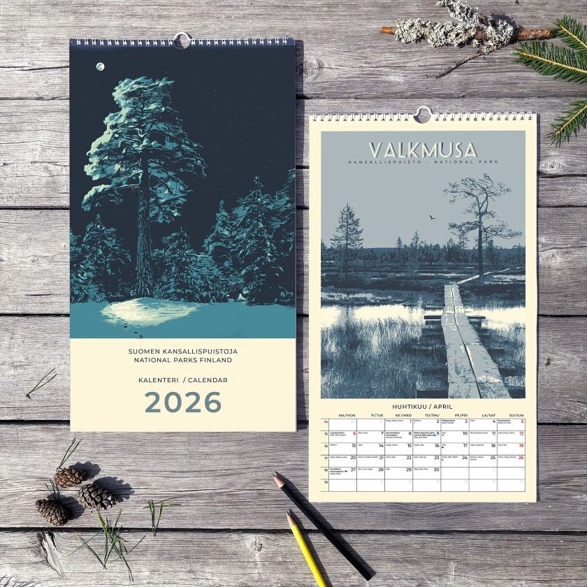 Suomen kansallispuistot seinäkalenteri 2026, joululahja luonnon ystävälle, Vuoma Company