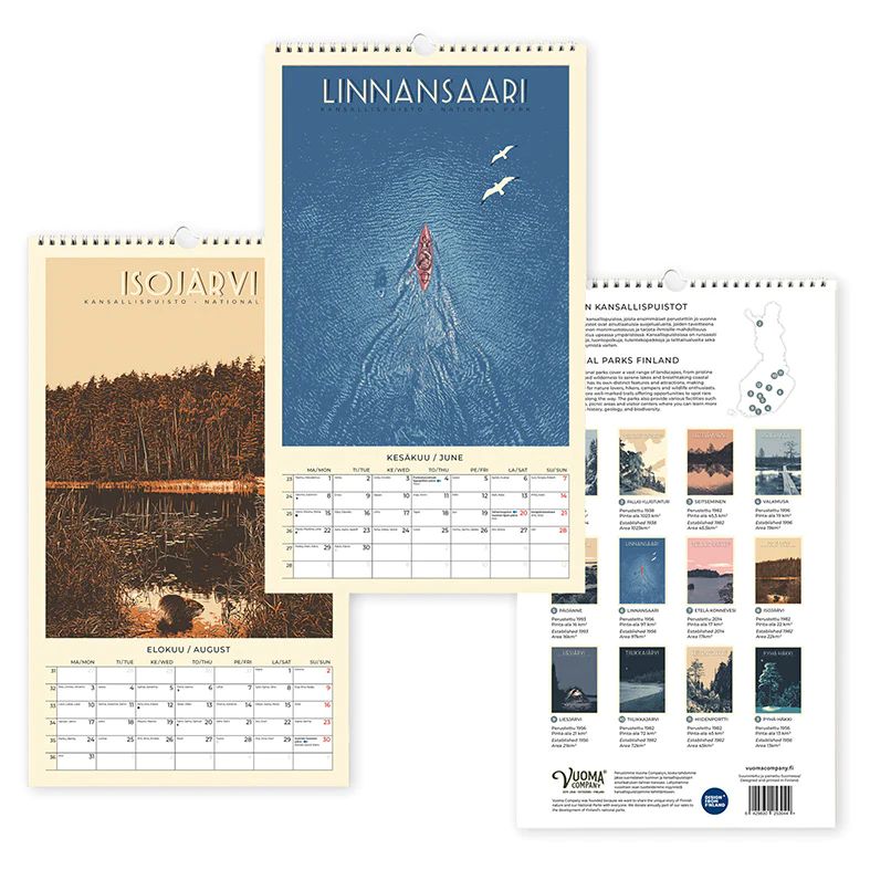 Suomen kansallispuistot seinäkalenteri 2026, joululahja luonnon ystävälle, joka kuukaudelle oma upea kansallispuistokuva, Vuoma Company