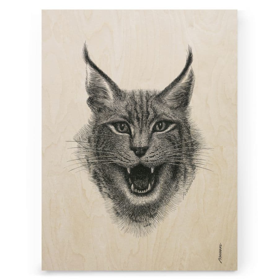 Ilves luonnonvarainen kissaeläin. Ilves kuva taiteilija Erik Bruun, puutaulu